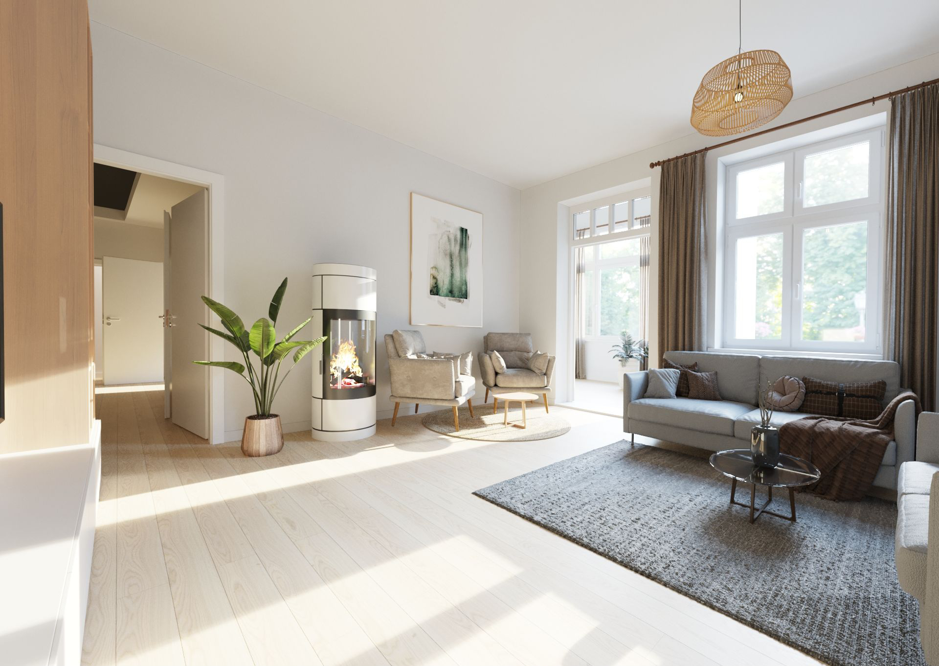 Das Wohnzimmer einer Eigentumswohnung wurde mit Homestaging virtuell neu eingerichtet.